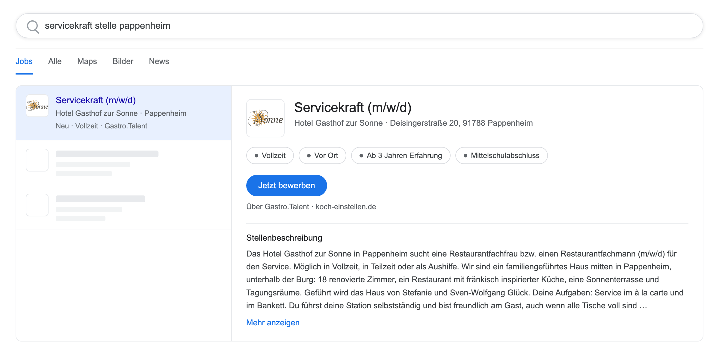 Die Stelle in der Google-Jobsuche